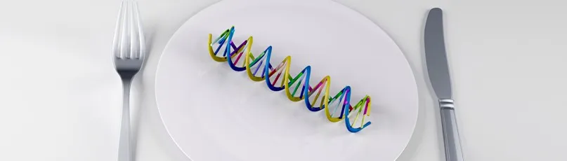 Prato com garfo e faca e uma estrutura de DNA colorida — Consultas