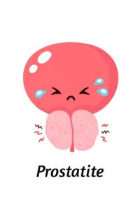 Ilustração de uma próstata com expressão triste e lágrimas, acompanhada da palavra Prostatite — Alimentação para a próstata