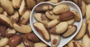 Castanhas-do-pará num prato branco sobre fundo de castanhas — 10 alimentos que melhoram a saúde e a potência