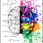 Cérebro dividido entre lógica e criatividade, com cores vibrantes e fórmulas matemáticas