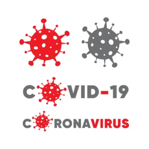 Vírus estilizados em vermelho e cinzento com texto COVID-19 e CORONAVIRUS