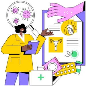 Ilustração de profissional de saúde com materiais médicos e documentos