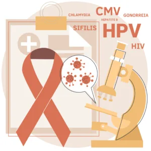 Ilustração com laço vermelho, vírus e texto sobre doenças como HPV, HIV e sífilis